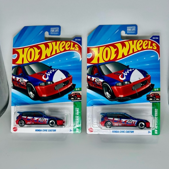 2025 Hot Wheels Honda Lot of 2x - HW REVERSE RAKE Honda Civic Custom Red & Blue